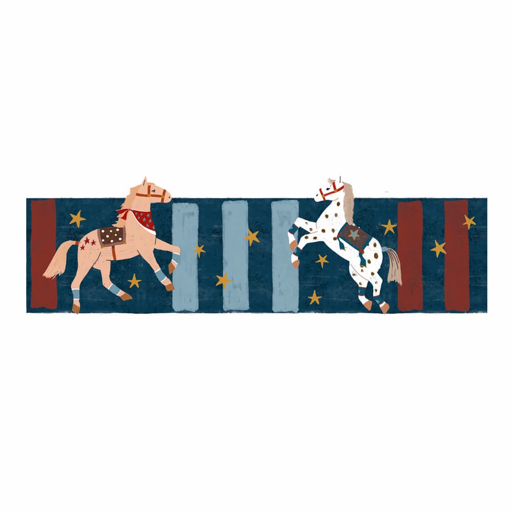 A wallpaper border with dancing horses, stars and vertical stripes.