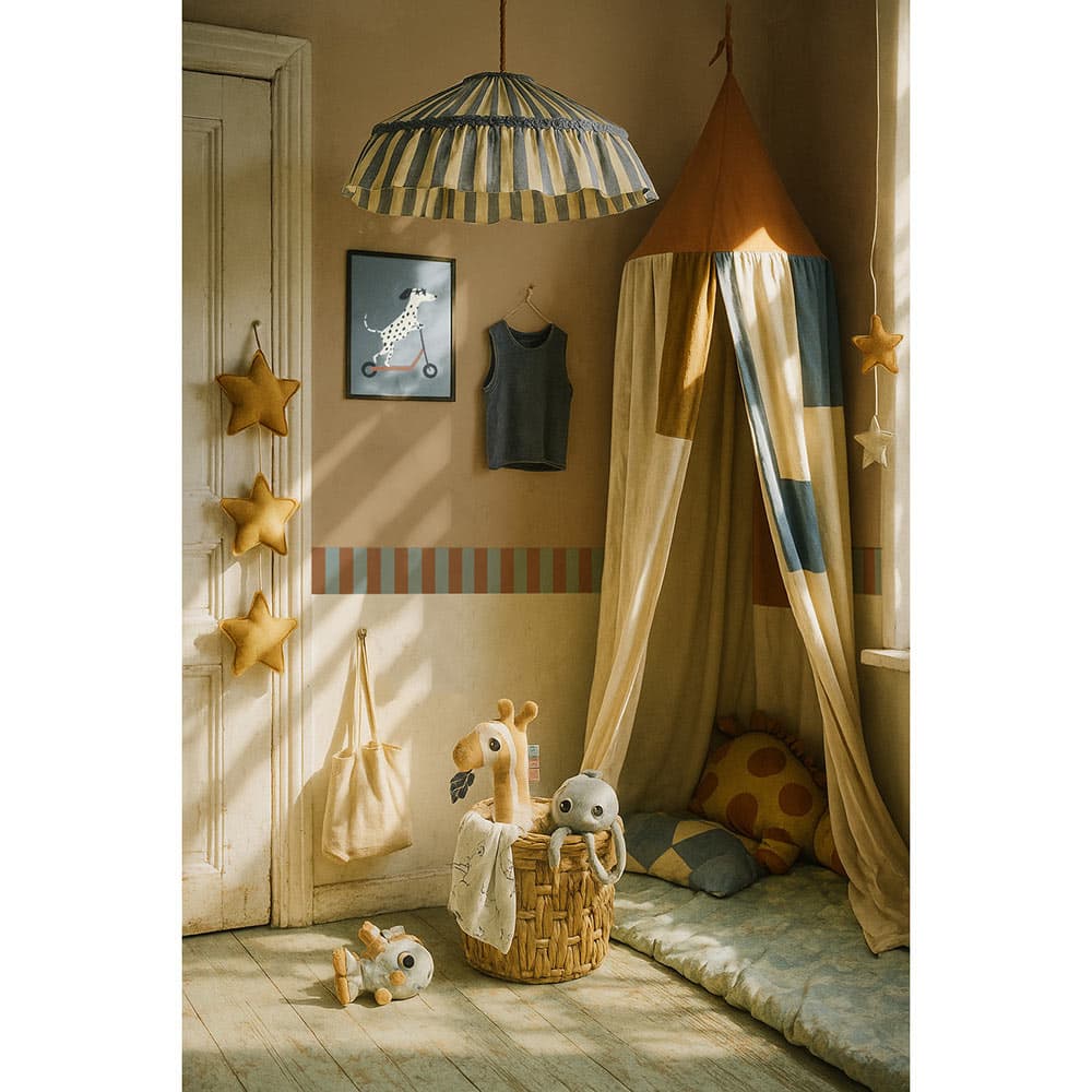 Children's room with a teepee, toys, and decorative elements.