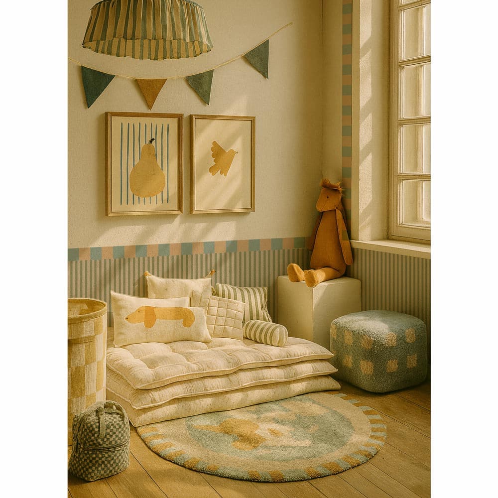 Children's room with a cozy setup featuring a sofa, cushions, and toys.
