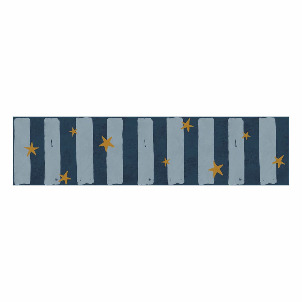A rectangular navy blue wallpaper border with vertical light blue-gray stripes and scattered mustard yellow stars, shown on a plain white background.