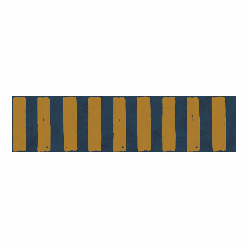 A wallpaper border with a navy blue background and vertical mustard-yellow stripes, shown against a plain white background.