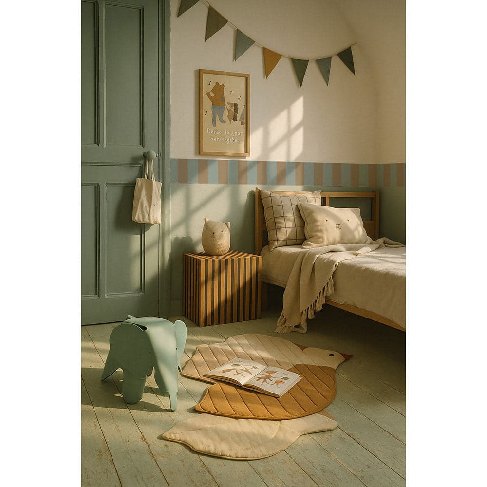 Children's bedroom with wooden floor, bed, and decorative elements.