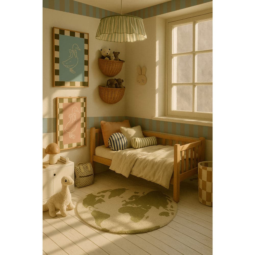 Children's bedroom with wooden bed, world map rug, and decorative elements.