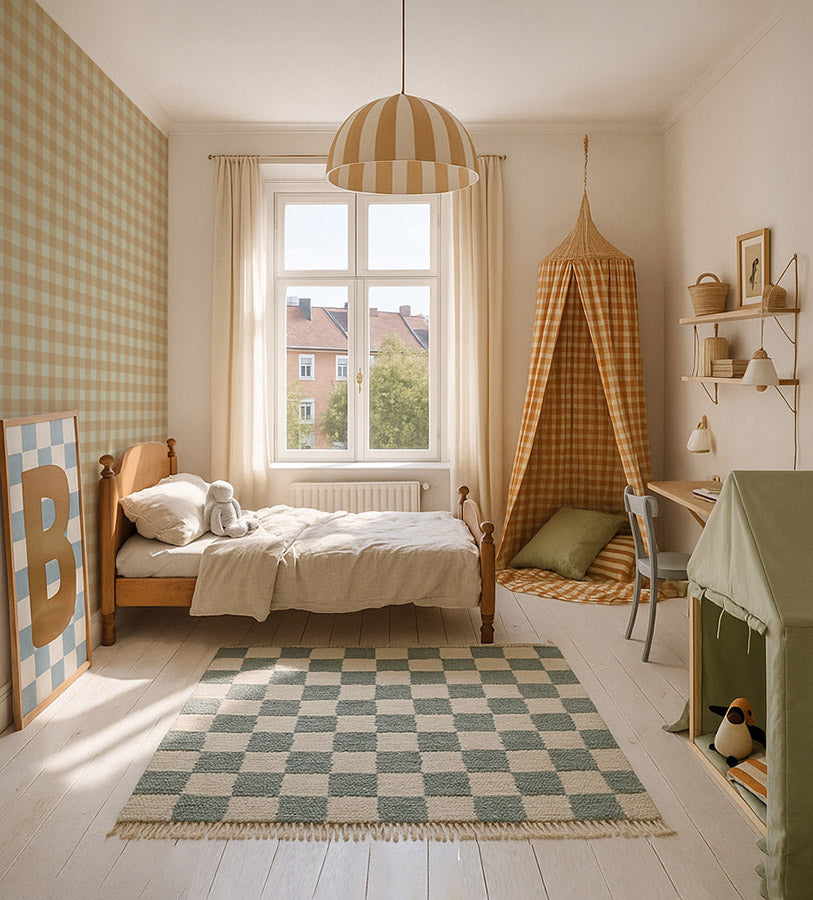 Children's bedroom with checkered rug, wooden bed, and play area.