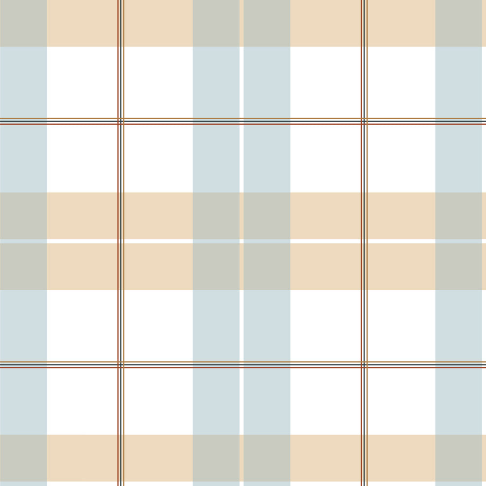Check wallpaper pattern with beige, blue, and red colours on a white background