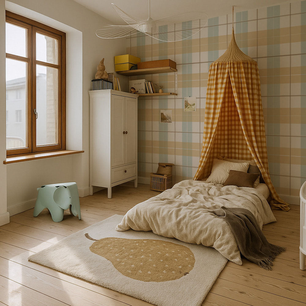 Children's bedroom with checkered canopy, wooden floor, and large window.