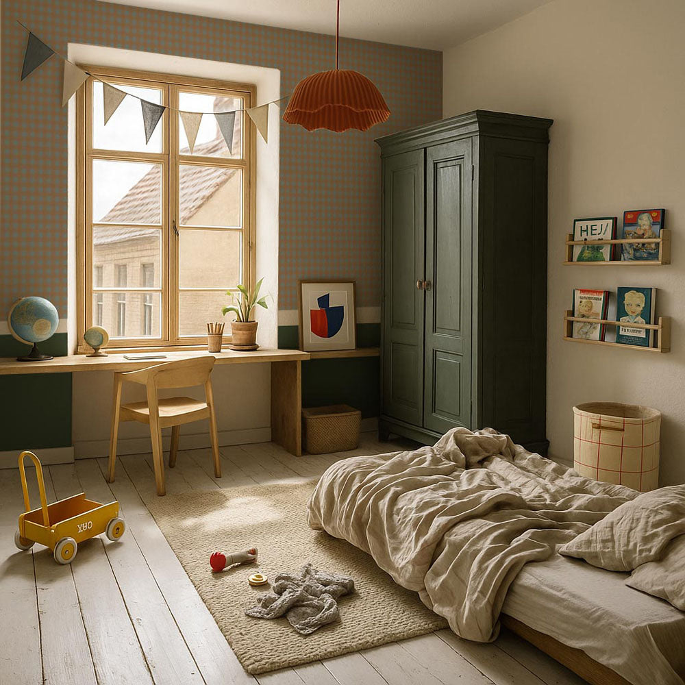 Children's bedroom with a desk, bed, and toys.