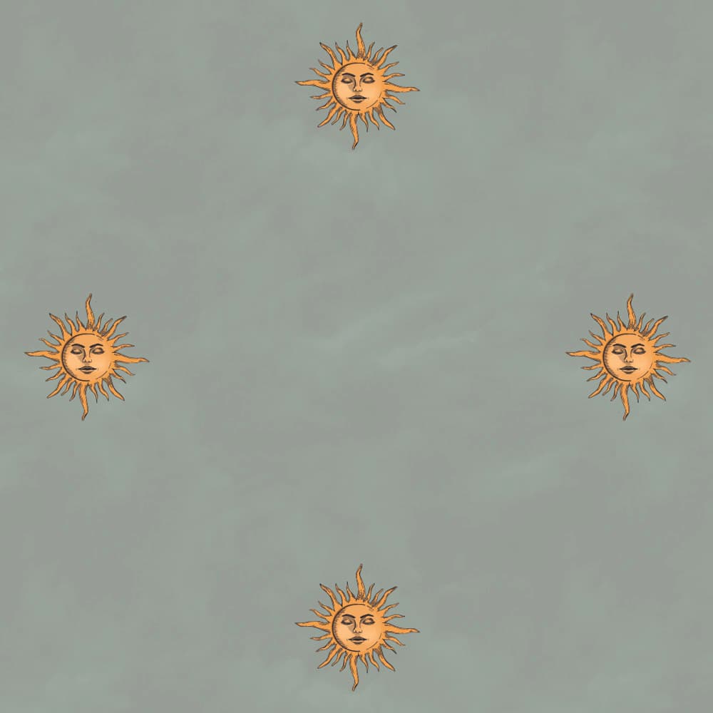 A repeating pattern of stylized orange sun faces with dark outlines, arranged around the edges of a large empty central area on a muted gray-green background.