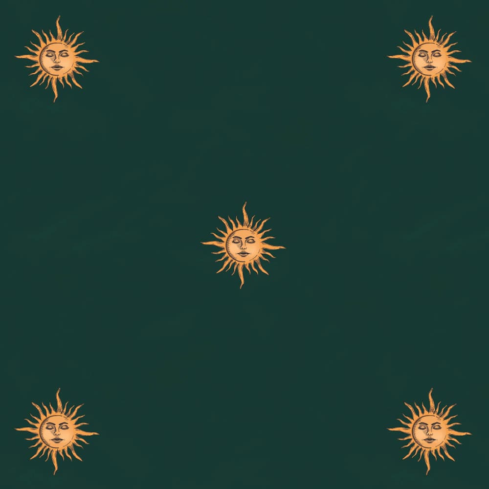 Gold suns with faces on a deep green background