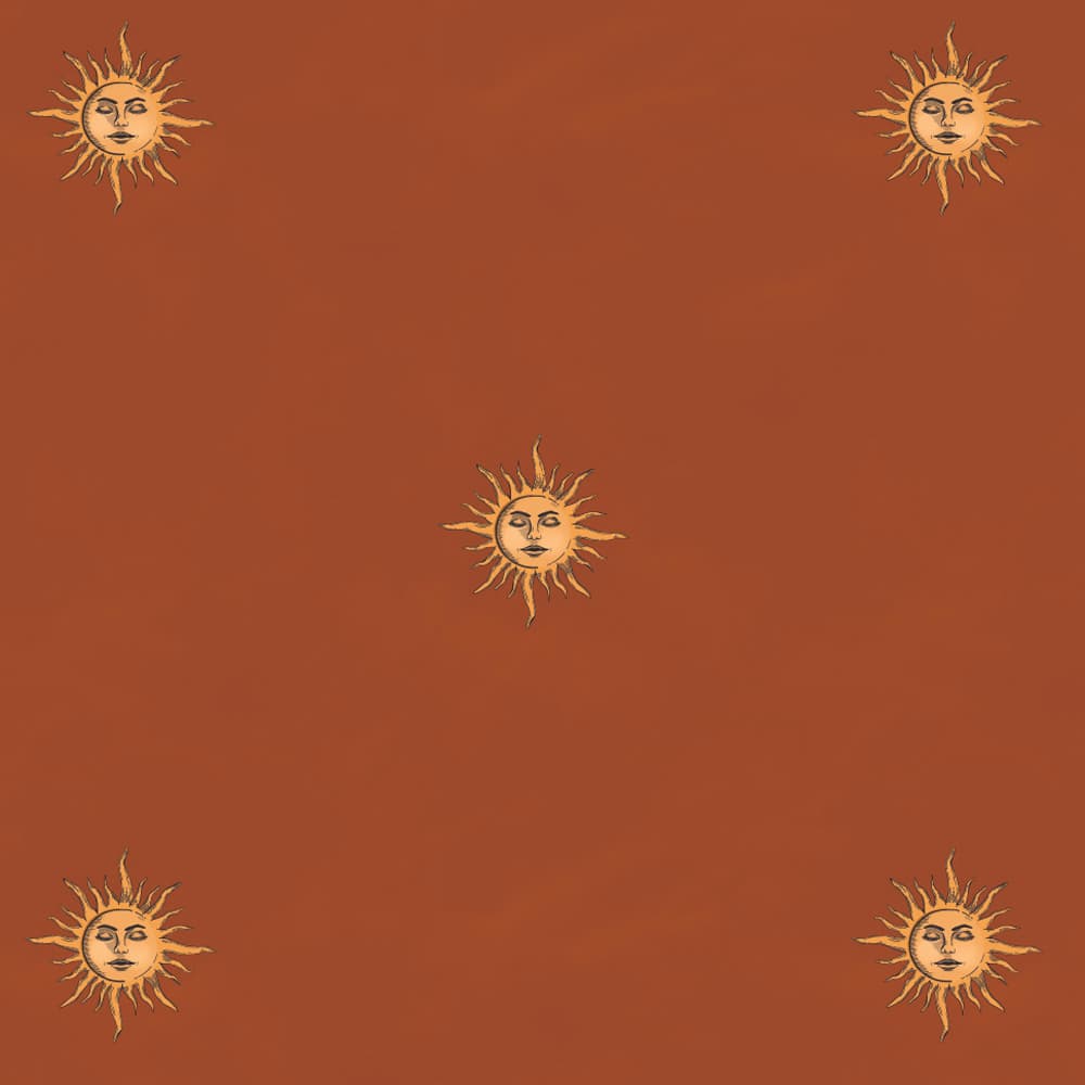 A terracotta backdrop with sun illustrations 