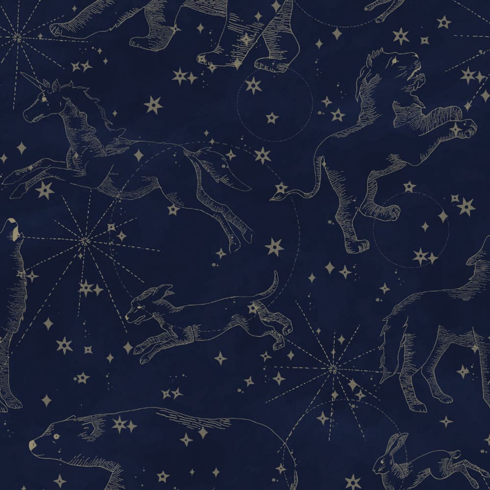 Constellation wallpaper on a navy blue background with animals and stars