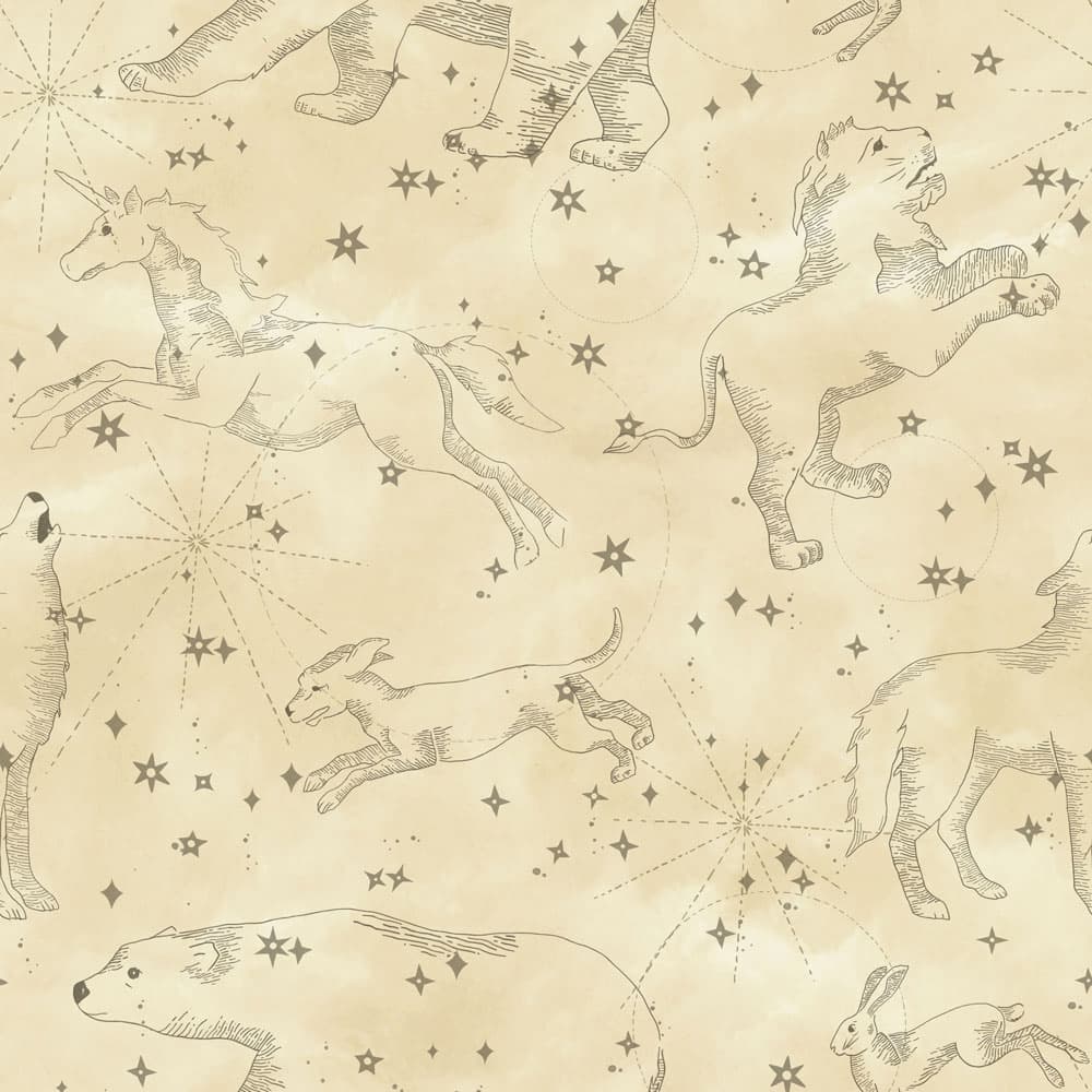 Constellation wallpaper on a beige background with stars and animals