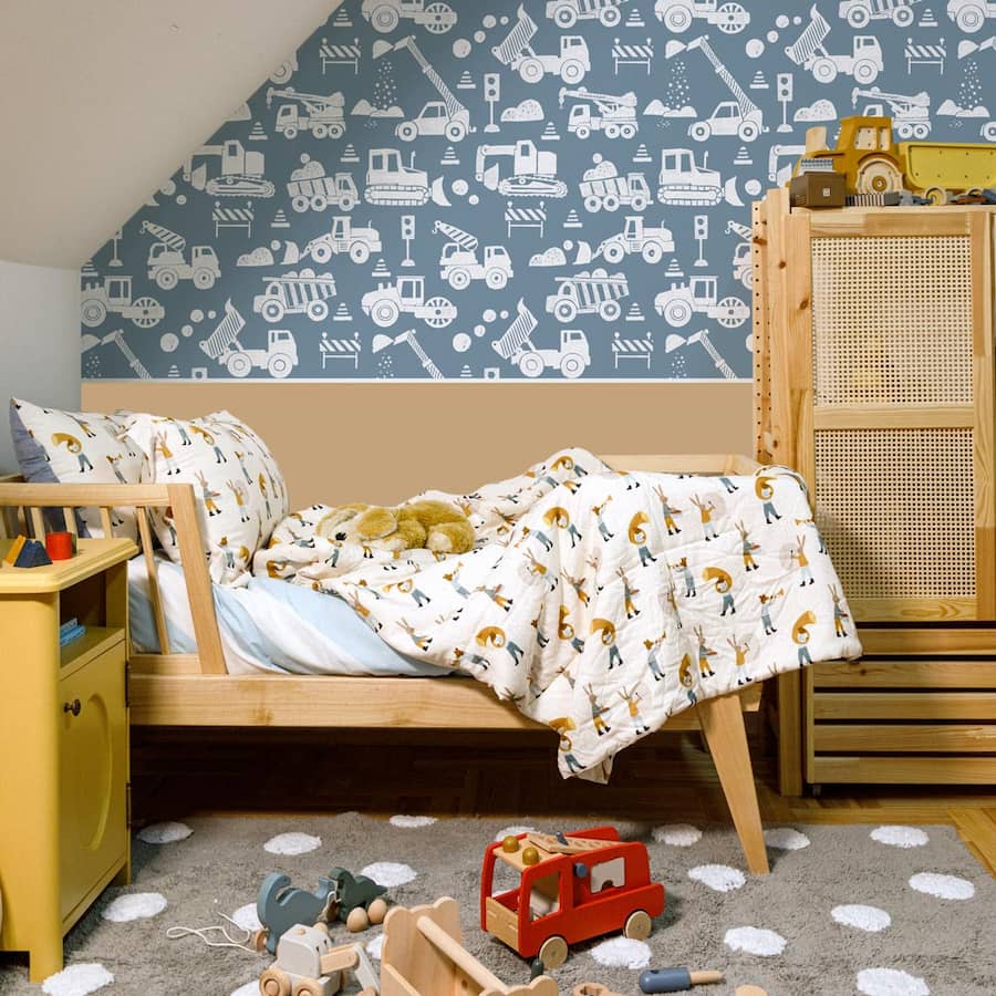 Dekornik Construction Blue Wallpaper on child's bedroom wall with furniture