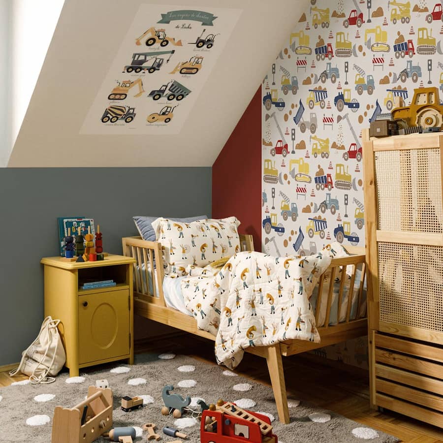 Dekornik Construction Colour Wallpaper on bedroom wall