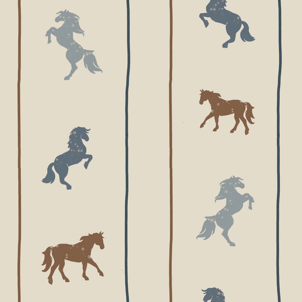 A repeating pattern of stylized horses in muted blue and brown tones, arranged between vertical brown and dark blue lines on a warm beige background.