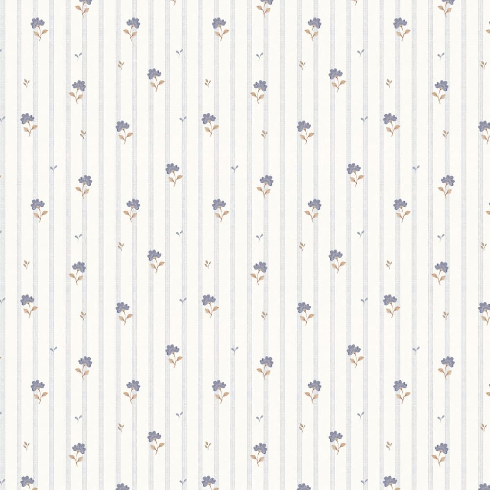 Pattern of small blue flowers on a white background with thin gray stripes