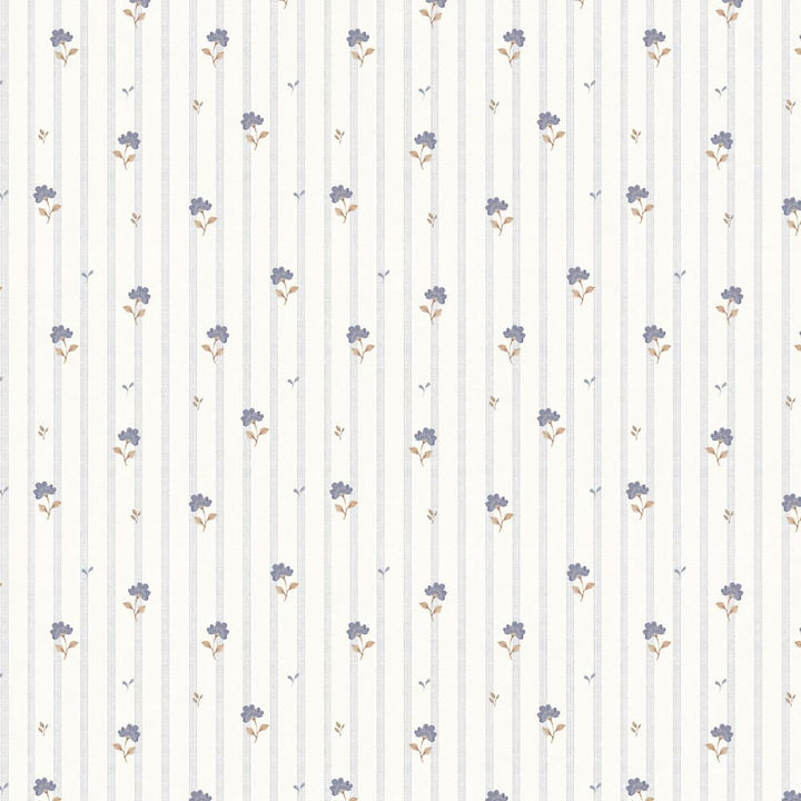 Pattern of small blue flowers on a white background with thin gray stripes