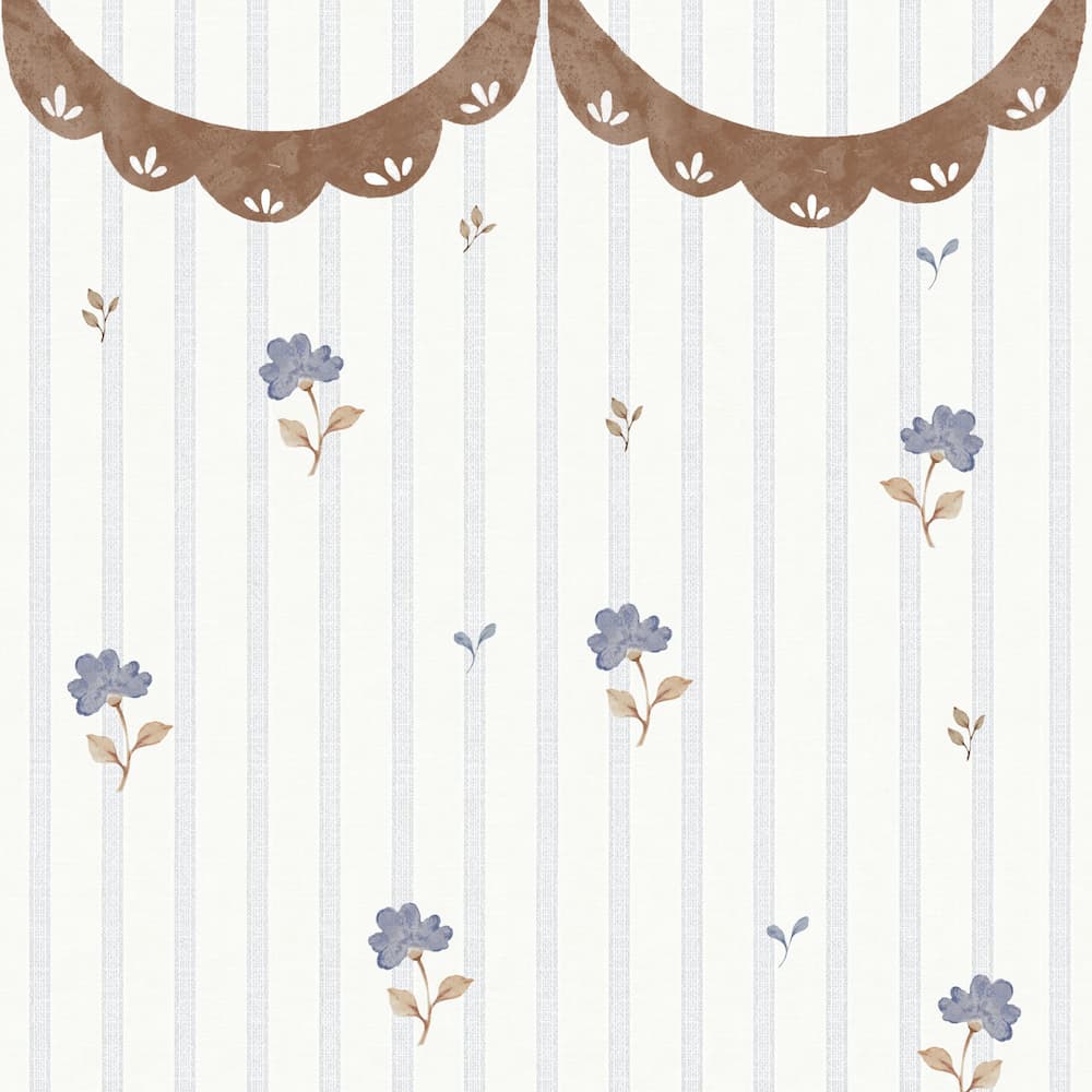 Decorative pattern with flowers and scalloped edges on a striped background