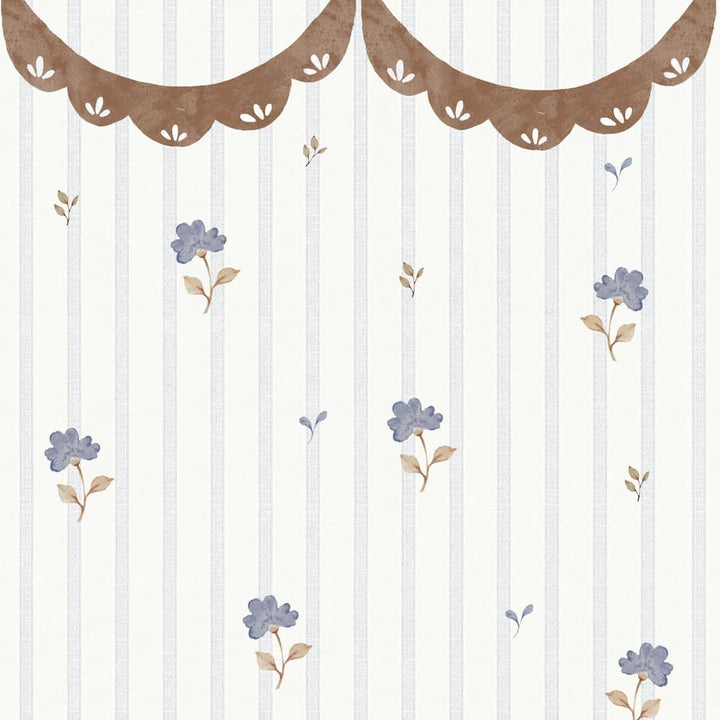 Decorative pattern with flowers and scalloped edges on a striped background