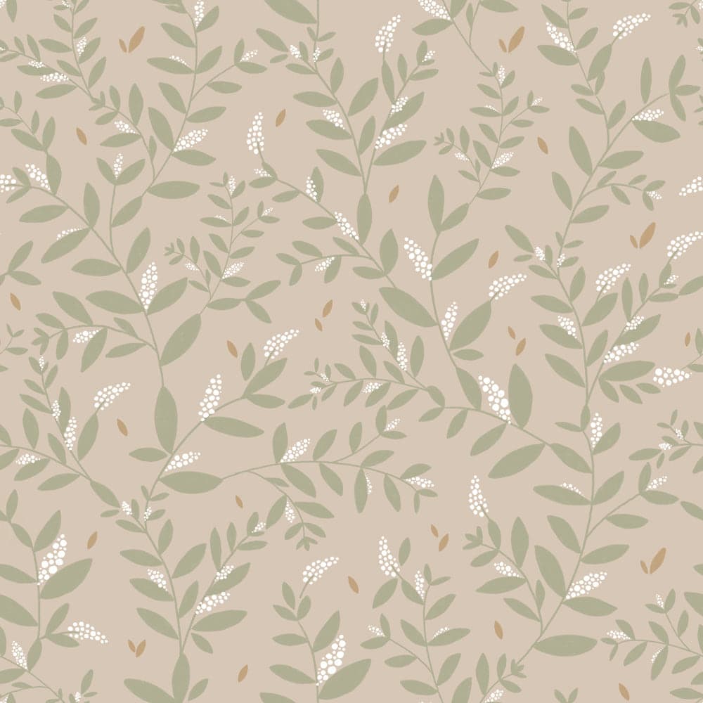 Pattern of green leaves and small white flowers on a beige background
