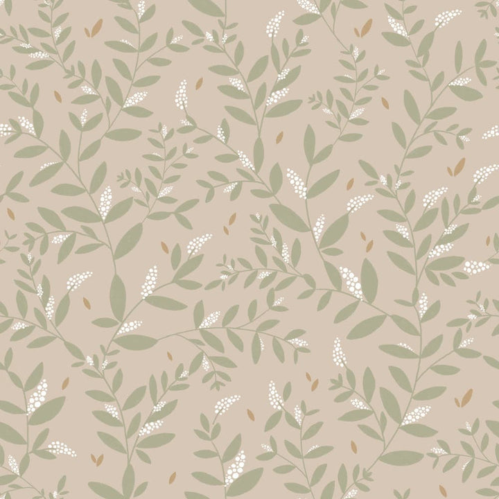 Pattern of green leaves and small white flowers on a beige background