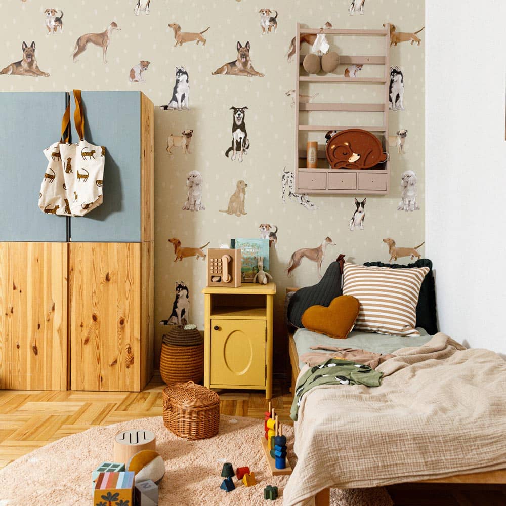 Dekornik Dogs Are The Best Beige With Dots Wallpaper on bedroom wall 