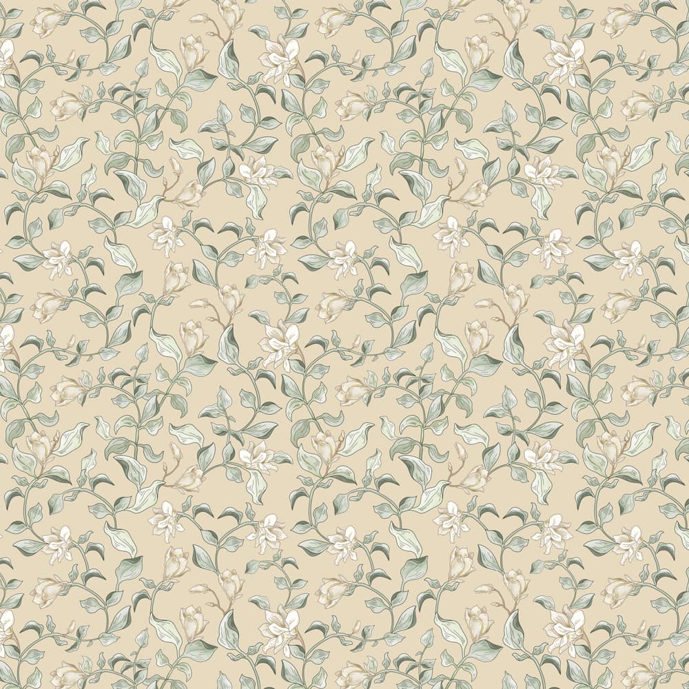 Floral lily bush wallpaper pattern with green leaves and white flowers on a beige background