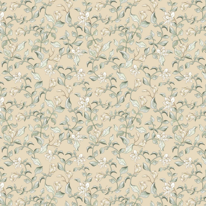 Floral lily bush wallpaper pattern with green leaves and white flowers on a beige background
