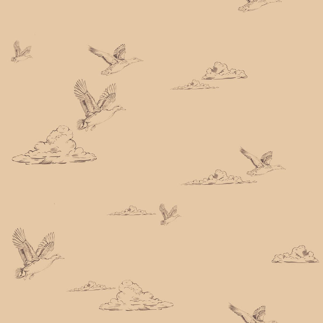 Wallpaper pattern of ducks and clouds on a beige background