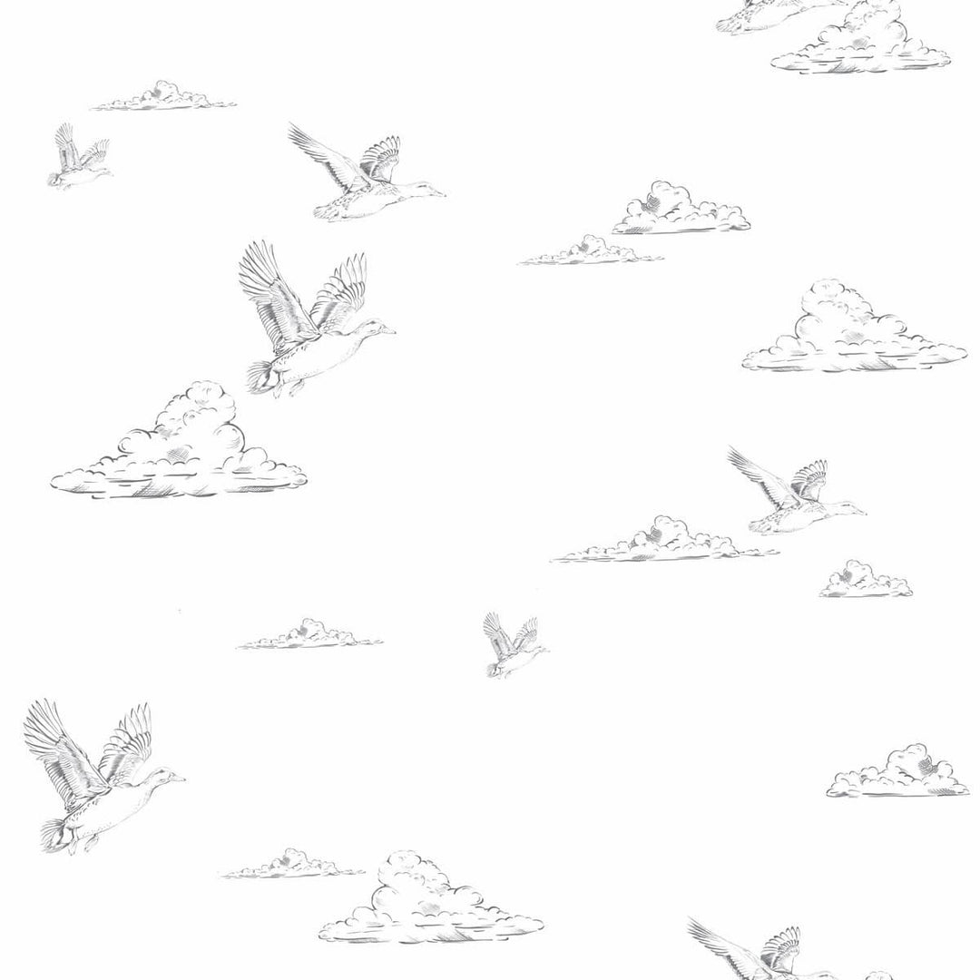 Wallpaper pattern of black and white birds and clouds on a white background