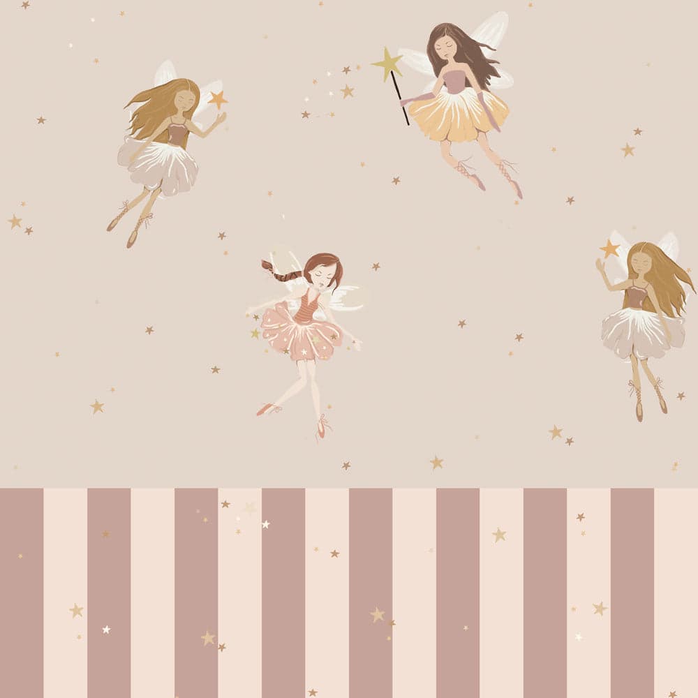 Wallpaper with fairy illustrations on a beige background with horizontal stripes.