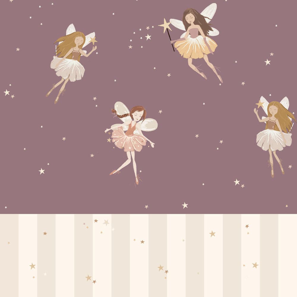 Pattern of fairy illustrations on a purple background with beige stripes at the bottom