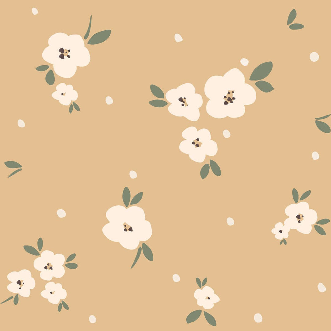 Pattern of white flowers with green leaves on a beige background