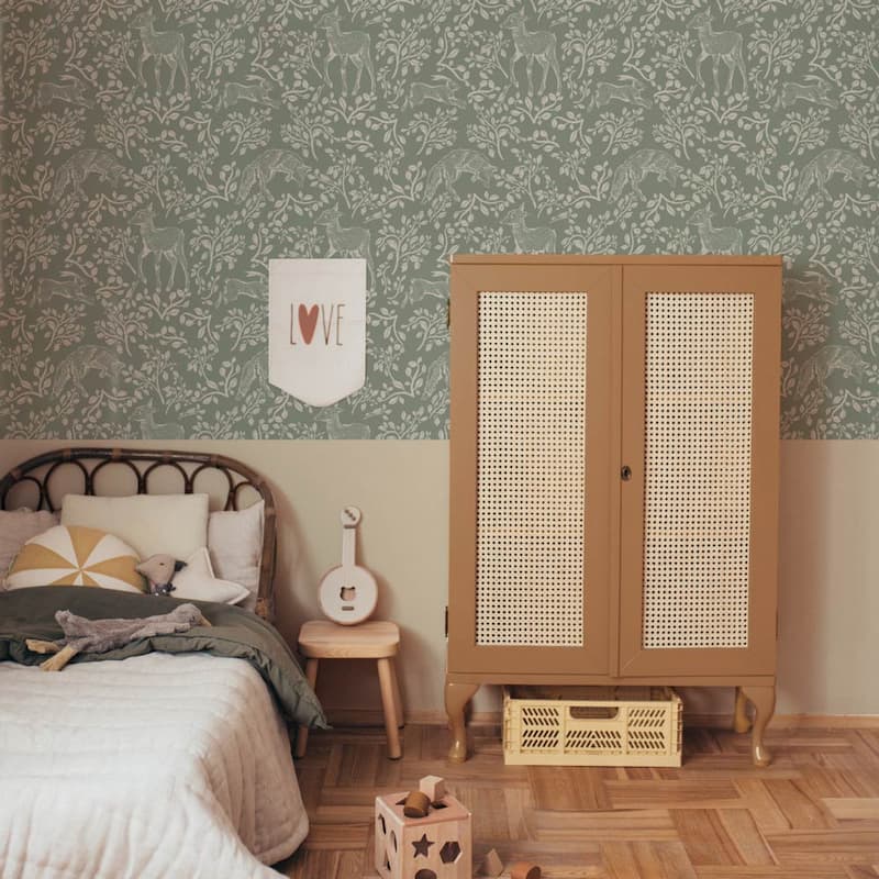 Dekornik Forest Animals & Fairytale Green Wallpaper behind bed and dresser