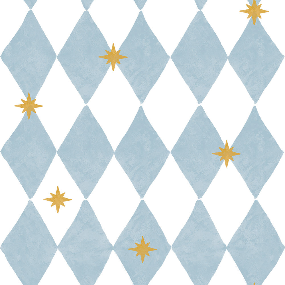 Wallpaper pattern of blue diamond shapes with gold stars on a white background