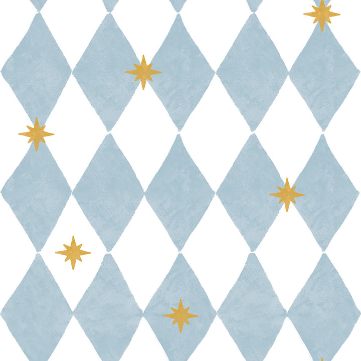 Wallpaper pattern of blue diamond shapes with gold stars on a white background