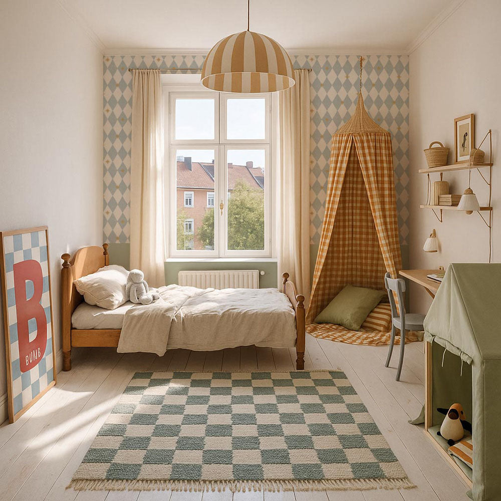 Children's bedroom with checkered rug, bed, and play area.