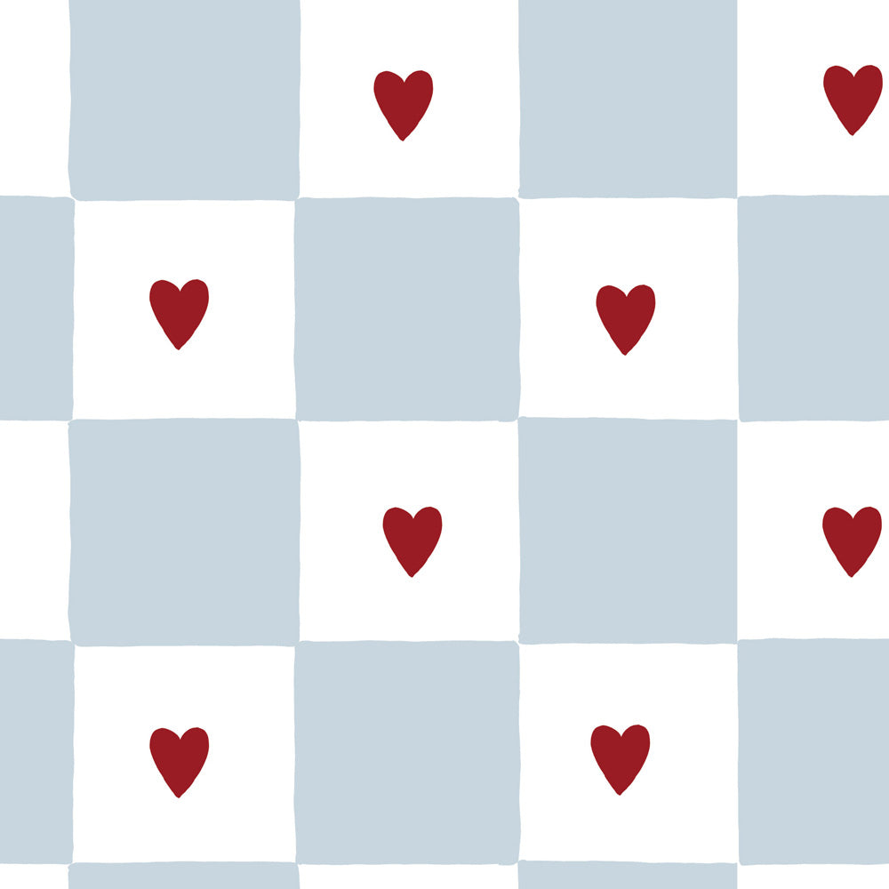 Checkered pattern with red hearts on a blue and white background