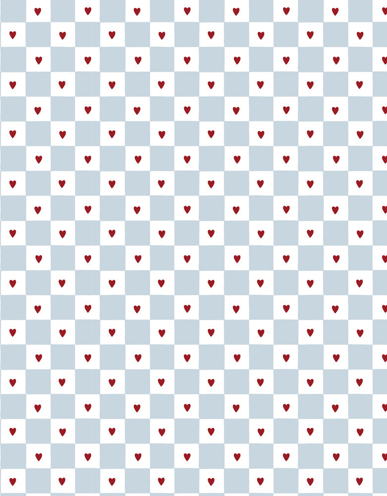Checkered pattern with red hearts on a blue and white background