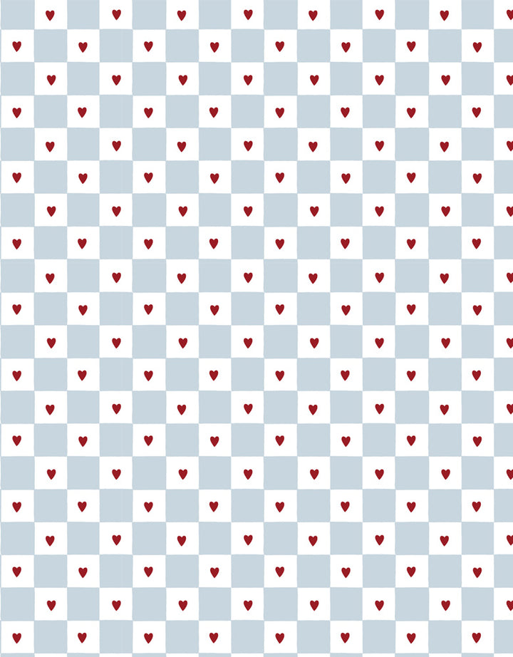 Checkered pattern with red hearts on a blue and white background