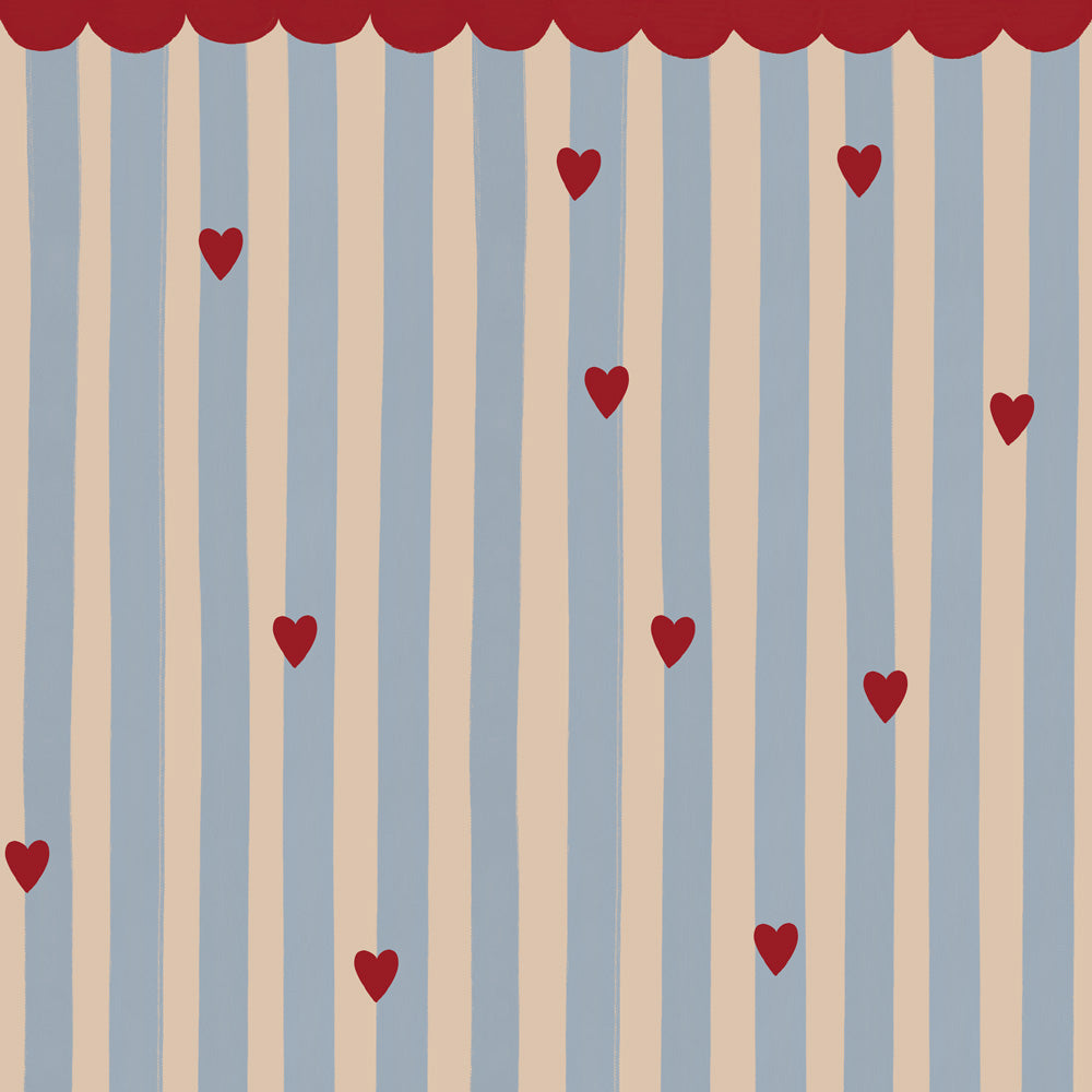 Striped pattern with red hearts on a blue and beige background