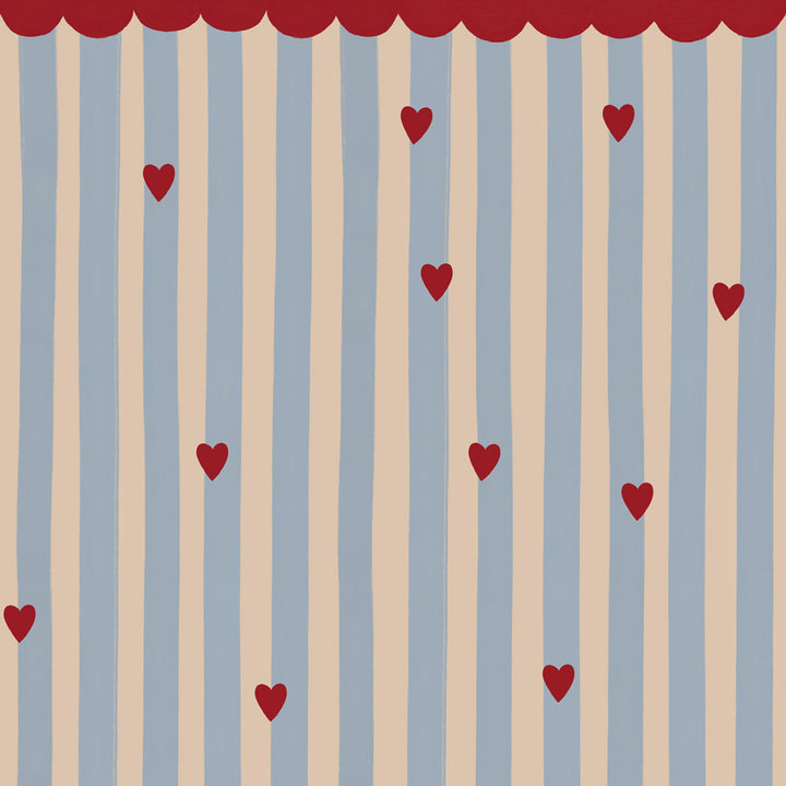 Striped pattern with red hearts on a blue and beige background