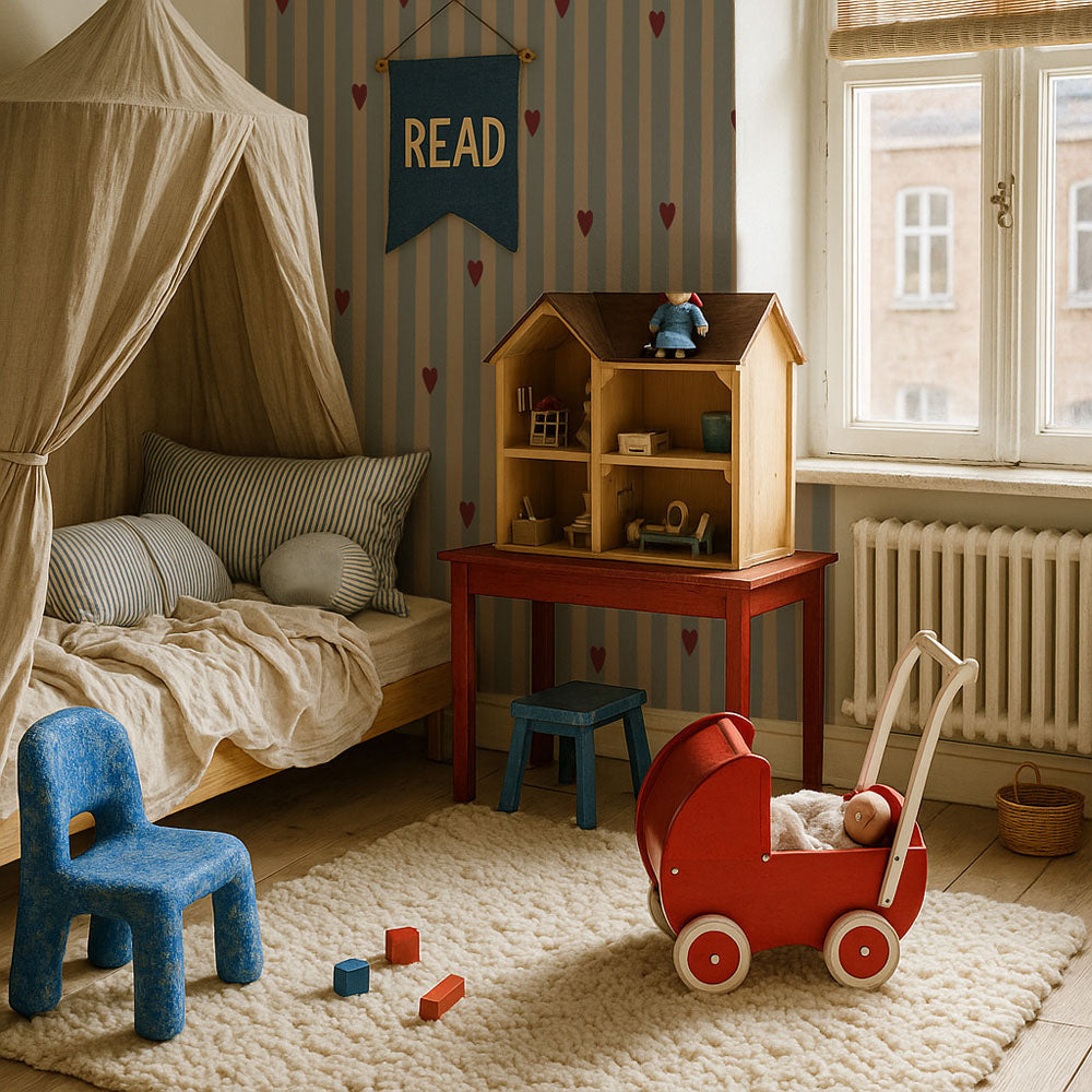 Children's bedroom with a bed, toy house, and various toys on a carpeted floor.