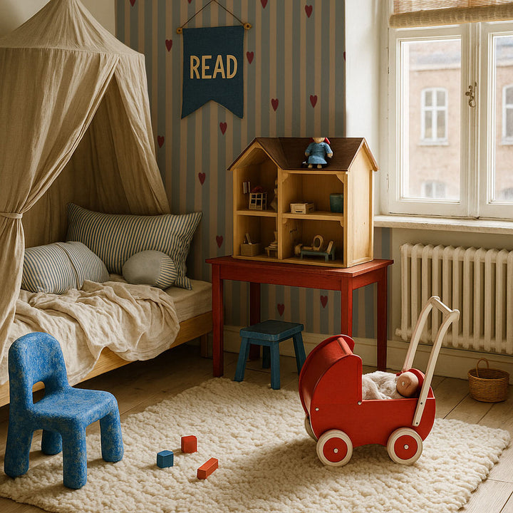 Children's bedroom with a bed, toy house, and various toys on a carpeted floor.