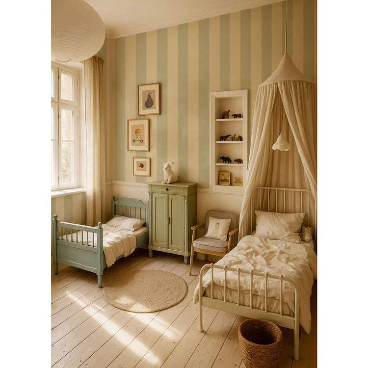 Children's bedroom with striped walls, wooden floor, and two beds.