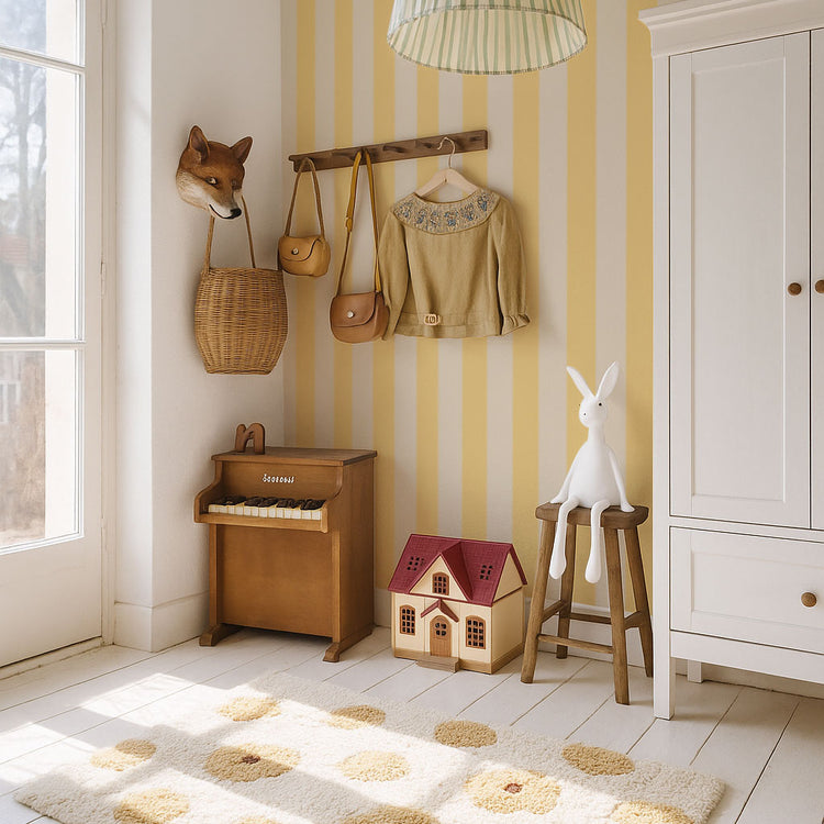 Children's room with striped wallpaper, wooden toys, and a white wardrobe.