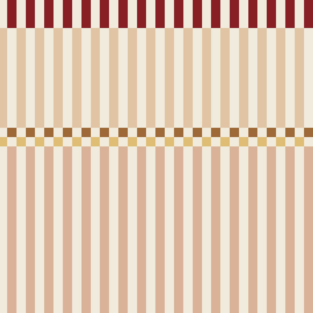 Pattern of vertical stripes in red, beige, and gold on a white background