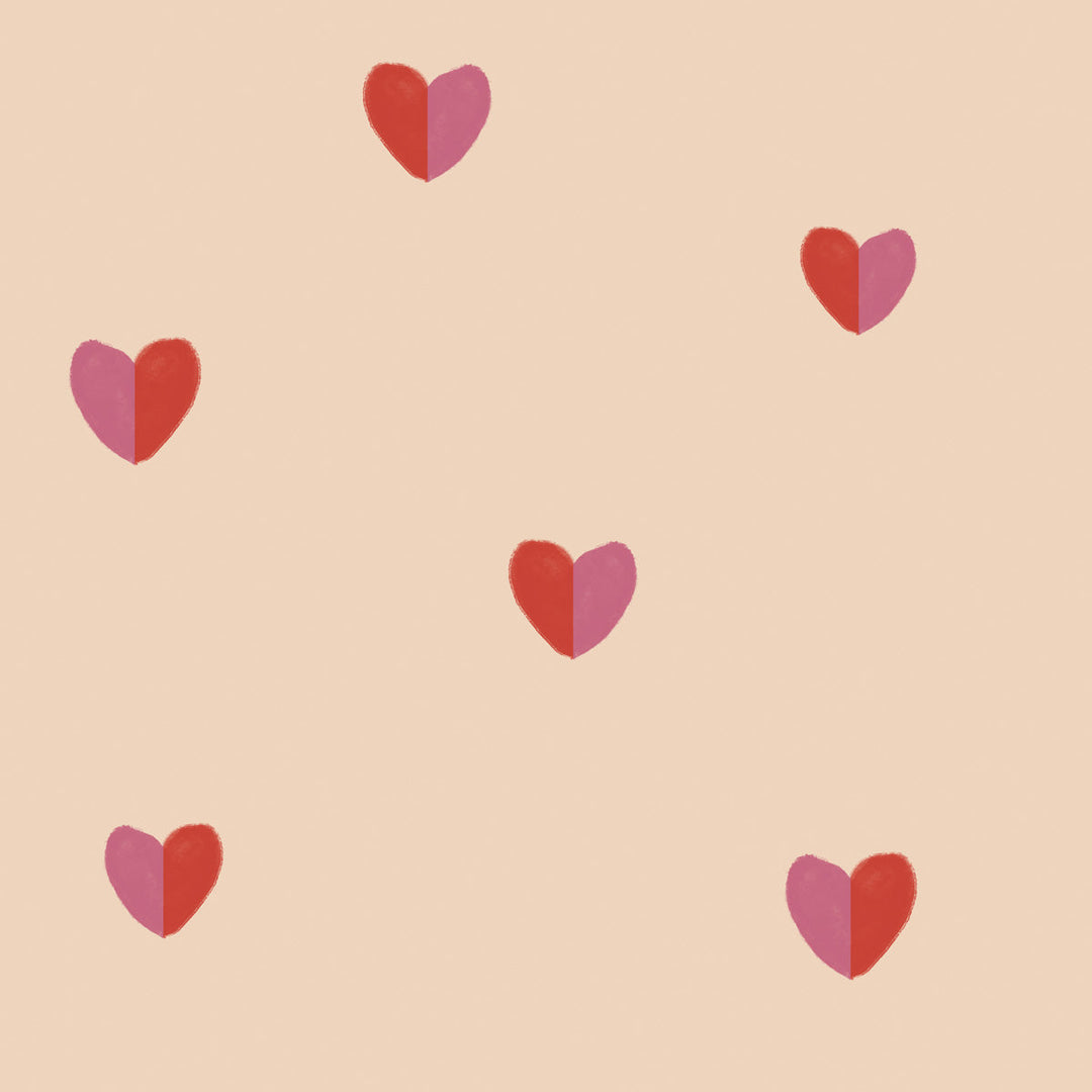 Pattern of pink and red hearts on a beige background
