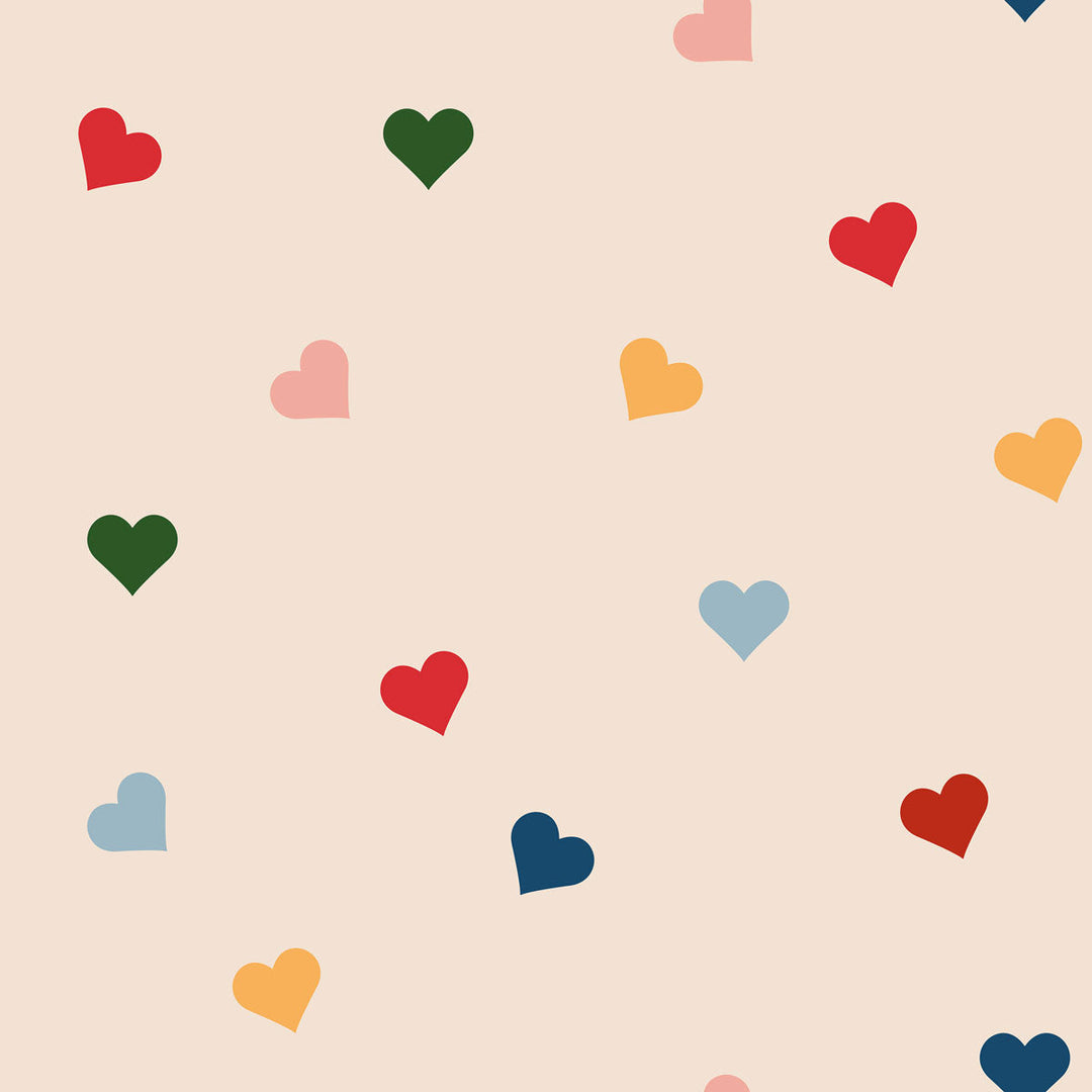 Pattern of colorful hearts on a beige background
