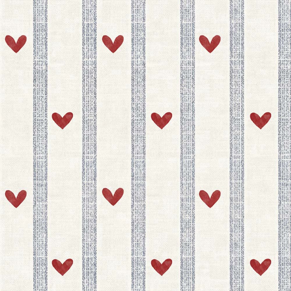 Pattern of red hearts on a striped fabric background